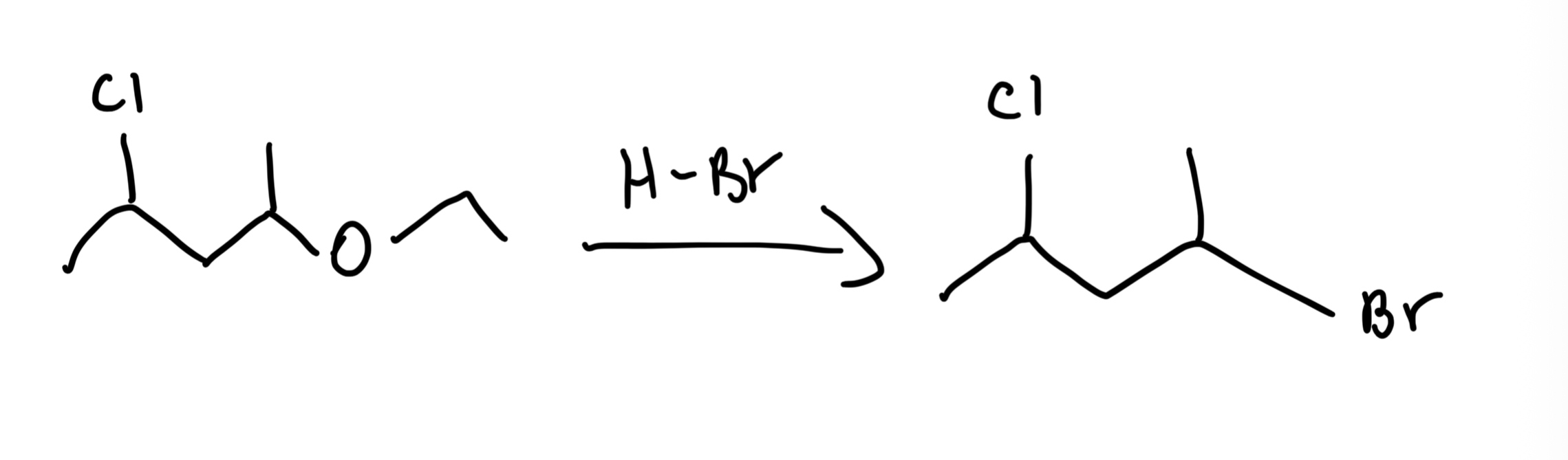 <p>R-O-R' (Ether) → 2 R-X (Alkyl halides) using excess HBr or HI, heat. HI > HBr in reactivity; SN2 for 1°/2°, SN1 for 3°.</p>