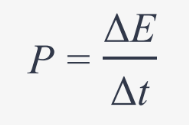 <p>P = ΔE / Δt or w / Δt</p><ul><li><p>ΔE = energy (J)</p></li><li><p>Δt = elapsed time (s)</p></li><li><p>w = work</p></li></ul><p>SI unit: J/s</p><ul><li><p>J = Kg*m<sup>2</sup> / s<sup>2</sup> → P = Kg*m<sup>2</sup> / s<sup>3</sup></p></li><li><p>Horsepower is another unit of measurement of power which is usually used when dealing with motors or engines</p></li></ul><p></p>