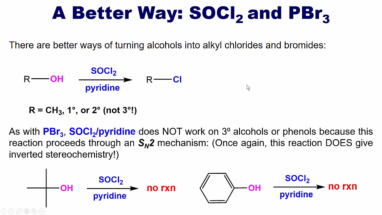 <p>turn alcohols into alkyl chlorides via AN SN2 REACTION, IT WILL BE OPPOSITE STEROCHEMISTRY</p>