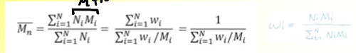 <p>sum of all molecular weight divided by their total number of molcules</p><p>Ni - # of molecules with Mi</p><p>Mi - molecular weight</p><p>wi - weight fraction of all molecules with Mi</p>