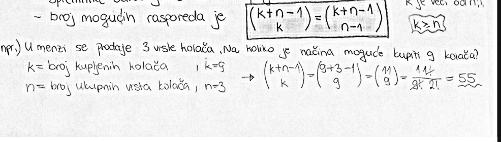 <p>MOGU SE PONAVLJATI, imamo n različitih spremnika, kombinacija s ponavljanjem je bilo koji raspored k objekata u n spremnika , spremnike određujemo s n-1 pregradom</p><p>broj mogućih rasporeda je </p>