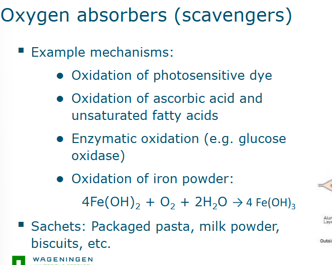 <ul><li><p>Packaging that actively affects the internal environment of the product</p></li><li><p>Objective: increase shelf life</p></li><li><p>Oxygen is absorbed by packet</p></li></ul><p></p>