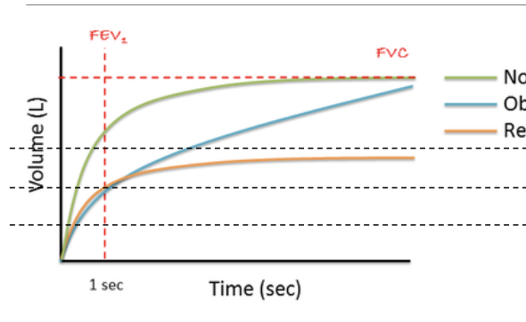 <p>the 80% or above you want</p><ul><li><p>how much you breathe out in one second vs how much you can get out that is not your reserve</p></li><li><p>in obstructive— it will be lower bc slower to expell</p></li><li><p>normal-ish in restritive bc can expell, just hit a cieling </p></li></ul><p></p>