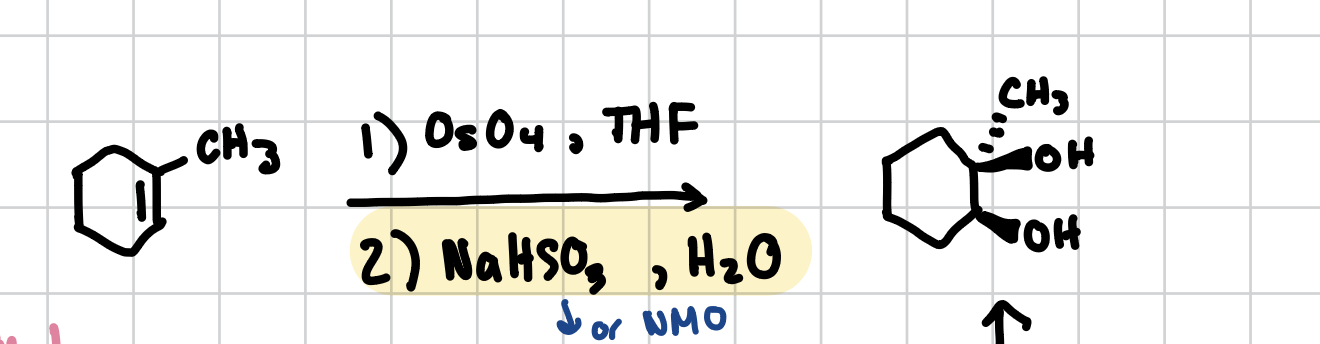 <p>Adds two alcohol groups in a cis fashion across an alkene. </p><p>Reagents: 1) OsO4, THF  2)NaHSO3 (or NMO), H2O </p>
