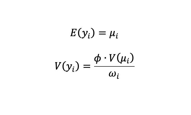 <p><strong>GLM → For observation y<sub>i</sub>:</strong></p><ul><li><p>See pic for mean &amp; var formulas</p></li><li><p><strong>V(μ<sub>i</sub>)</strong> = var of distr as a _____ of mean</p></li><li><p><strong>ϕ </strong>= _____ parameter </p></li><li><p><strong>ω</strong> = weight </p></li></ul><p></p>