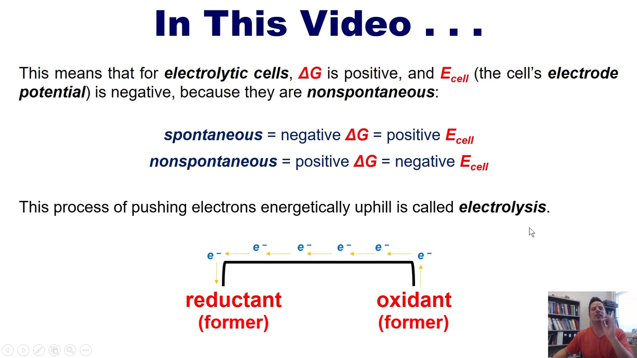 <p>the opposite of a voltaic cell </p><p></p><p>oxidant into reductant powered by an outer electrical current</p>