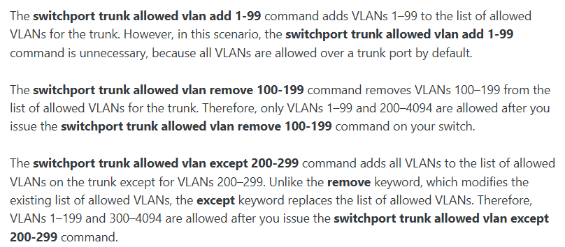 <p><span>VLANs 1–199 and 300–4094</span></p>