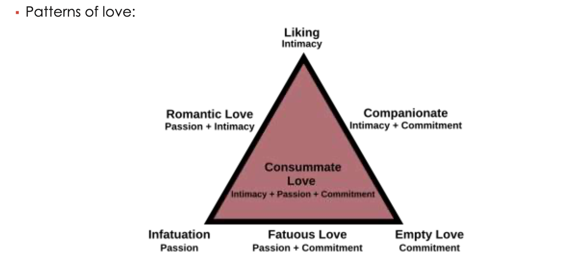 <p><strong>3 elements of love </strong>→ intimacy, passion and commitment:</p><p class="p1">• <strong>Intimacy: </strong>emotional element including self-disclosure → bonding, warmth and trust.</p><p class="p1">• <strong>Passion: </strong>motivational element based on internal drives → physiological stimulation in sexual desire.</p><p class="p1">• <strong>Commitment: </strong>cognitive element → decision to love and stay with</p><p class="p1">the beloved.</p><p class="p1">&nbsp;Patterns of love:</p><p class="p1"><span data-name="check_mark" data-type="emoji">✔</span> <strong>No love: </strong>all 3 components are missing. Most relationships.</p><p class="p1"><span data-name="check_mark" data-type="emoji">✔</span> <strong>Liking: </strong>only intimacy (friendship).</p><p class="p1"><span data-name="check_mark" data-type="emoji">✔</span> <strong>Infatuation: </strong>only passion ("love at first sight")</p><p class="p1"><span data-name="check_mark" data-type="emoji">✔</span> <strong>Empty love: </strong>only commitment (arranged marriages).</p><p class="p1"><span data-name="check_mark" data-type="emoji">✔</span> <strong>Romantic love: </strong>there is intimacy and passion (but no commitment).</p><p class="p1"></p><p class="p1">Patterns of love:</p><p class="p1"><span data-name="check_mark" data-type="emoji">✔</span> <strong>Companionate love: </strong>there is intimacy and commitment (they</p><p class="p1">decide to stay together without passion).</p><p class="p1"><span data-name="check_mark" data-type="emoji">✔</span> <strong>Fatuous love: </strong>there is passion and commitment, without intimacy</p><p class="p1">(they commit out of passion without knowing each other).</p><p class="p1"><span data-name="check_mark" data-type="emoji">✔</span> <strong>Consummate love: </strong>there are the 3 components. "Complete love".</p><p class="p1">It is easier to attain it than to sustain it.</p>
