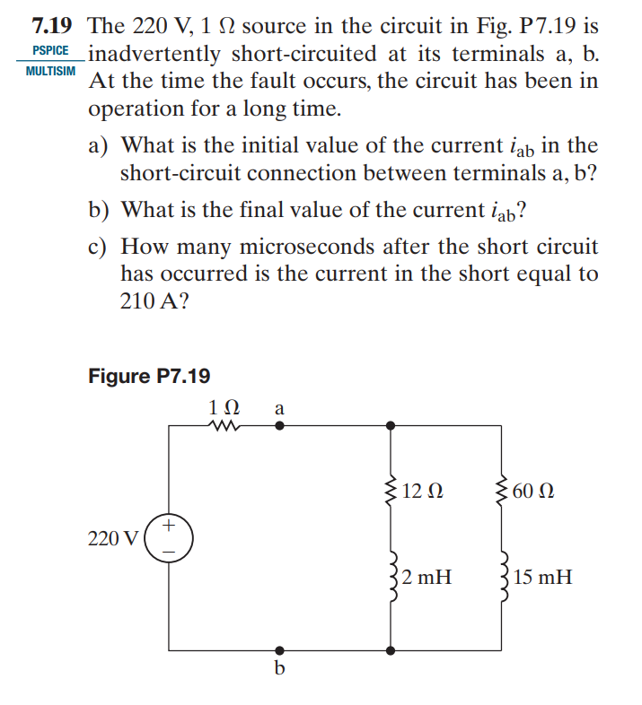 <p>a) Find values of the current of isupply, the current going through each parallel branch with the inductors, then calculate Iab. The current through the inductors must complete the loop and will go through the short circuit, at the same time, the current from the source will be pushing down so the current through the short circuit is Iab = isupply - i<sub>branch1</sub> - i<sub>branch2</sub></p><p>b) After waiting a long time and having steady state, the current through the parallel branches will be 0 so isupply = i<sub>ab</sub></p><p>c) Split into two different inductor circuits for each branch. to complete the loop of each inductor circuit, the current flows through the short circuit branch so finding R for both to find tau is easy (Just the resistor value in each branch). Add them up and make them equal to 10A and solve for t from there after pluging in Tau (Should be cubic function)</p>