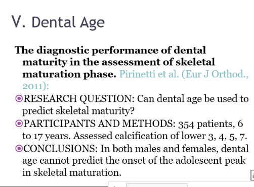 <p>Dental age cannot predict the onset of adolescent peak in skeletal maturation </p>