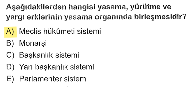 <p>Kanun yapma, uygulama ve denetleme yetkilerinin tamamının meclis çatısı altında toplanmasına meclis hükümeti sistemi denir.</p>