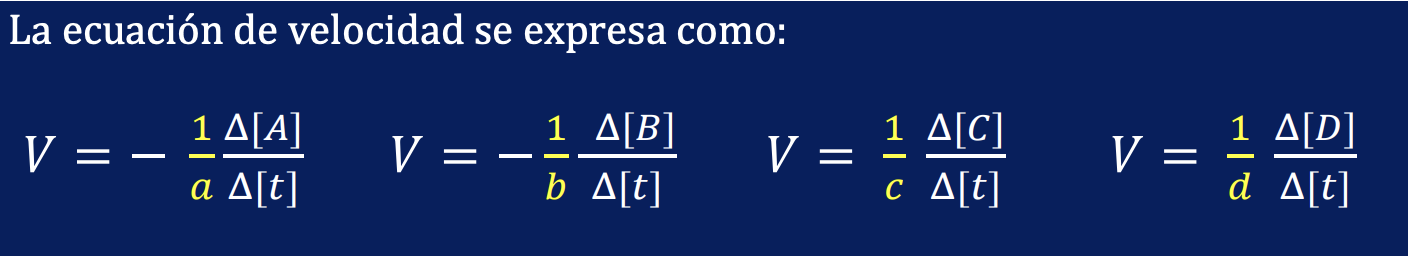 <p>En terminos generales para la ecuaccion quimica:<br>a A + bB → cC + dD</p>