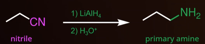 <ul><li><p><span style="background-color: transparent;">Converts nitrile to primary amine</span></p></li><li><p><span style="background-color: transparent;">Reagents: LiAlH<sub>4</sub> + H<sub>3</sub>O<sup>+</sup></span></p></li></ul><p></p>