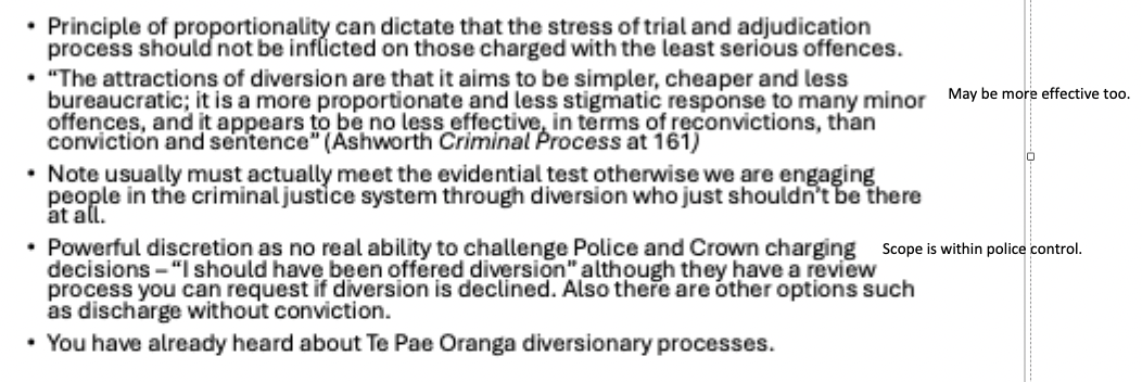 <p>principle of proportionality = stress of trial shouldn’t be inflicted on those charged with minor offences </p><p>see photo</p>