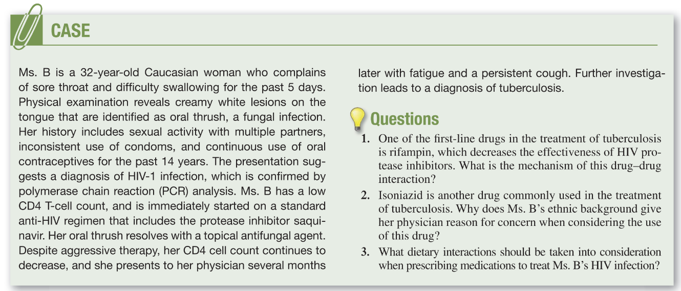 <p><span>Many factors influence normal drug metabolism and transport. As her physician consider the most appropriate drug regimen to treat both Ms. Bs acute tuberculosis and her underlying HIV disease, what factors might he consider? </span></p>