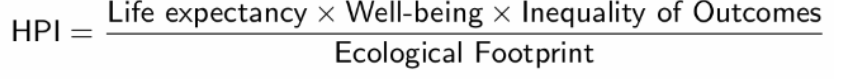 <p>Summary Measures of More than One Dimension of Development</p><ol><li><p><strong>Human Development Index (HDI)</strong> </p><ul><li><p>best-known and widely use index of the United Nations of Development Programme (UNDP)</p></li><li><p>average achievement across the three equally-weighted dimensions, with 0 being the lowest value and 1 being the highest in the dimension. </p></li><li><p><strong>Long and Healthy Life</strong></p></li><li><p><strong>Access to Knowledge</strong></p></li><li><p><strong>Decent Standard of Living</strong></p></li><li><p>Comparisons between HDIs and GNI per capita</p></li></ul></li><li><p><strong>Inequality-adjusted Human Development Index (IHDI)</strong><br>- Adjusted for inequality in the corresponding dimension. </p></li><li><p><strong>Gender Inequality Index</strong><br>- Reproductive Health<br>- Empowerment<br>- Labour Market Participation</p></li><li><p><strong>Happy Planet Index (HPI)</strong><br><strong>- </strong>from 0 to 100<br>- Based on 4 dimensions<br>- <strong>Life Expectancy: </strong>the average number of years a person expects to live, based on United Nations Data. <br>- <strong>Well-being: </strong>The population’s satisfaction is measured by data collected by the Gallup World Poll.<br>- <strong>Ecological footprint: the </strong>impact on the environment of each individual in a society, on average. The higher the footprint, the lower the HPI. </p></li></ol><p></p><p></p>