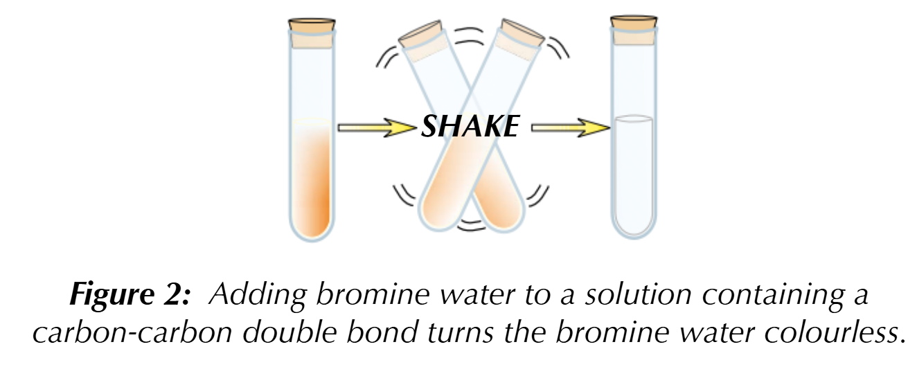 <p><strong>Bromine water: </strong>an alkene will quickly decolourise orange bromine water when shaken in test tube</p>