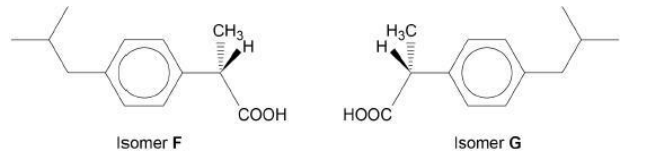 <p><strong>Figure 2</strong> shows optical isomers <strong>F</strong> and<strong> G</strong>. </p><p>Isomer <strong>F</strong> is the active compound in the medicine ibuprofen. In the manufacture of ibuprofen both isomers <strong>F</strong> and <strong>G</strong> are formed. An enzyme is then used to bind to isomer <strong>G</strong> and catalyse its hydrolysis. After the products of hydrolysis of <strong>G</strong> are removed, a pure sample of isomer <strong>F</strong> is collected. Explain how a structural feature of this enzyme enables it to catalyse the hydrolysis of isomer <strong>G</strong> but not the hydrolysis of isomer <strong>F</strong>. (2) </p>