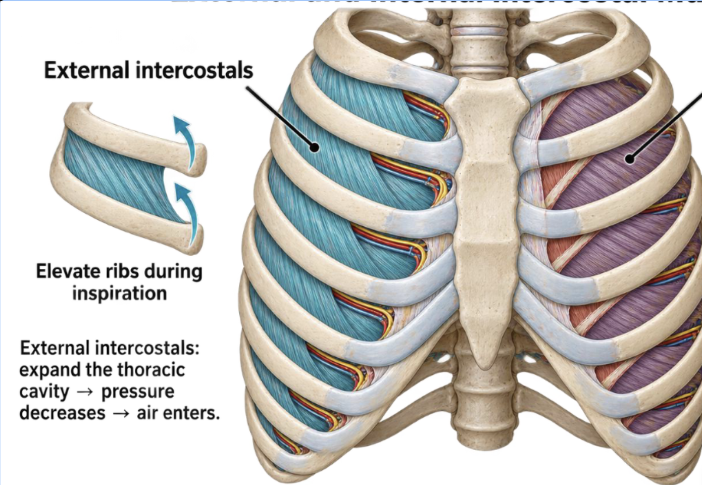 <p>These muscles elevate the ribs during inspiration</p><ul><li><p>Expand the thoracic cavity —> pressure decreases —> air enters</p></li></ul><p></p>