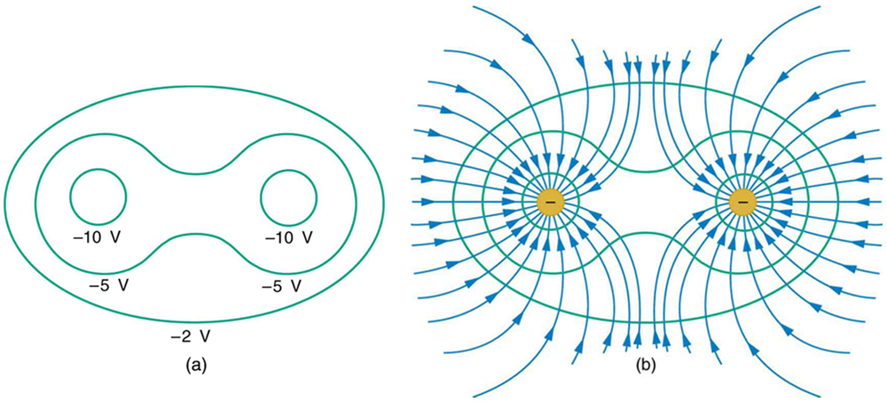 <p>A drawing of several equipotential curves at various value of the potential for a charge distribution (which may or may not be specified)</p>