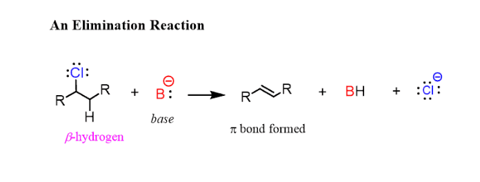 <p>Remove H and Halogen —> Creates double bond —> Alkene</p>