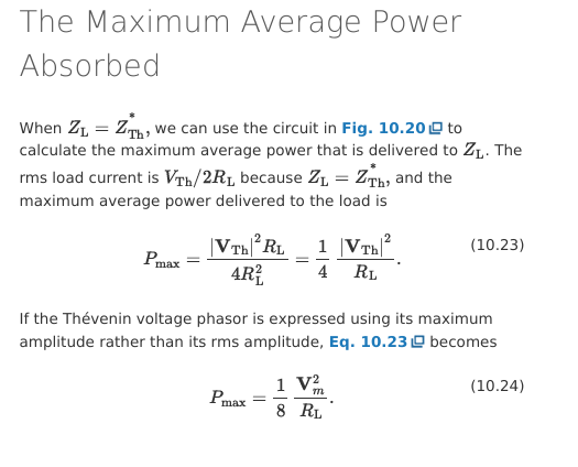 <ul><li><p>Vrms = Vm / sqrt(2)</p></li><li><p>I = V / Z</p></li><li><p>P = I² * RL</p></li><li><p></p></li></ul><p></p>