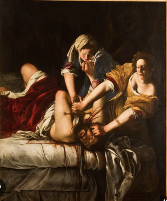 <p><strong>Judith Slaying Holofernes</strong></p><ul><li><p>realistic deipction of blood, fabrics</p></li><li><p>high contrast/intensity; tenebrism</p></li><li><p>in movement</p></li></ul><p></p>