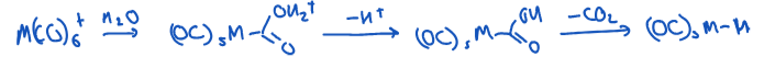 <p>Cationic: can use water, since it is so prone to Nu attack.</p><p>Neutral: requires a more powerful Nu e.g. R3N+O-. </p><p>Cationic complexes are electron poor with less pi back bonding to CO ligands → high electrophilicity.</p><p></p>