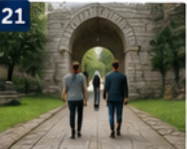 <p>walk toward an archway</p>