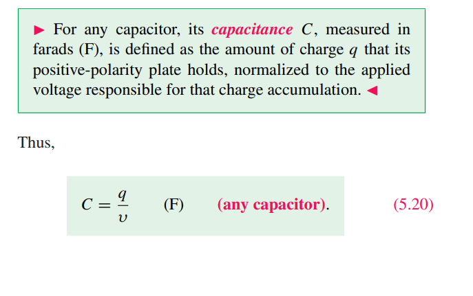 <p>The capacitance, C, is measured in farads (F) and acts as a measure of the amount of charge (q) that a plate holds divided by the source voltage. </p><p></p><p>C = q/v</p><p></p><p>C: Capacitance (farads/F)</p><p>Q: Electric charge (coulombs/C)</p><p>V: Source voltage (voltage/V)</p><p></p><p></p>