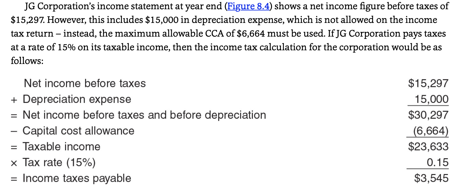 <p>-used to calculate income taxes payable to Canada Revenue Agency.</p><p>-tax return is that capital cost allowance must be used in place of depreciation expenses when filing the return. Therefore, taxable income reported on the income tax return may differ from the net income on the income statement</p>