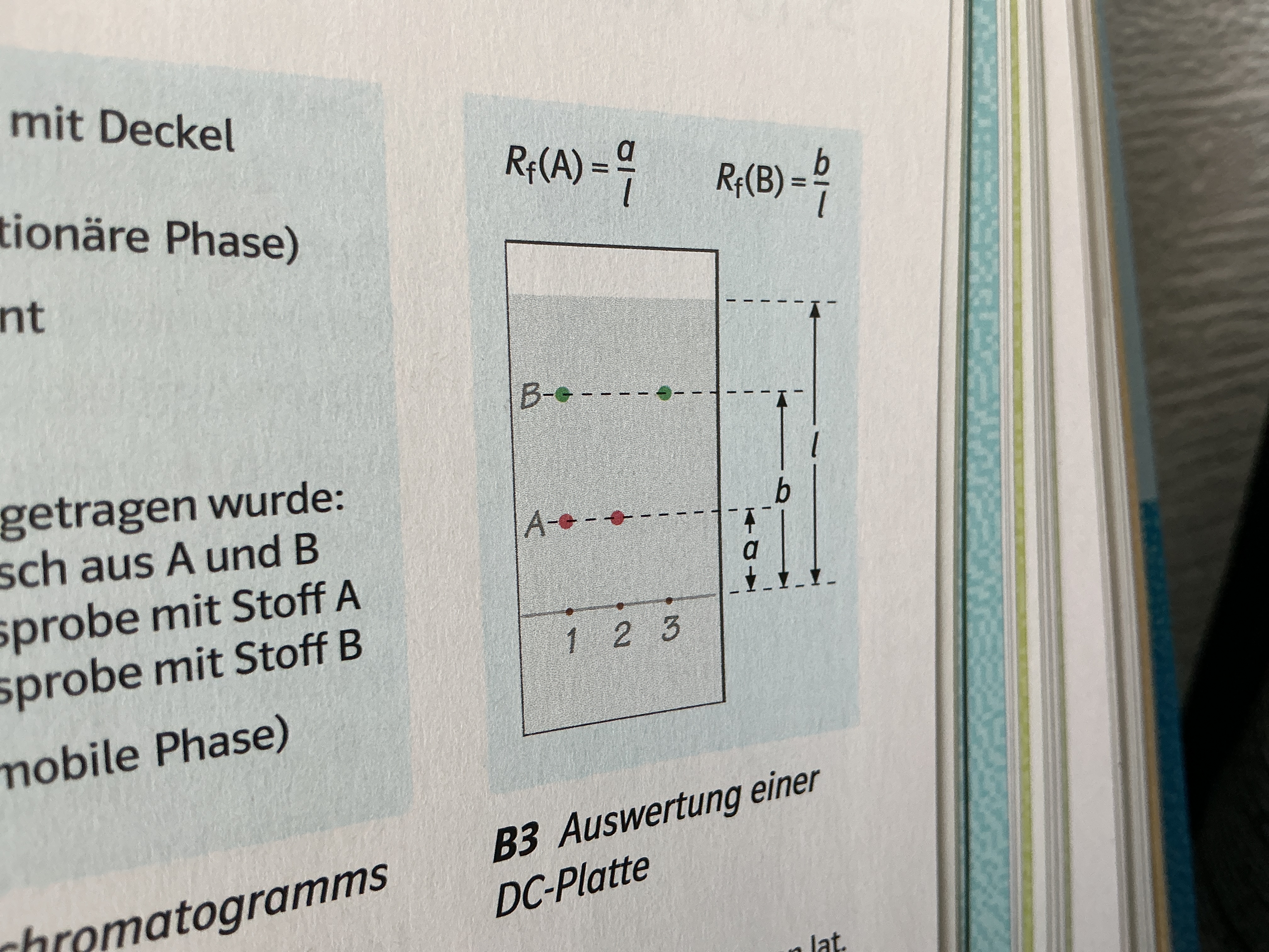 <p>Bestimmung der Rf-Werte </p><p>Rf= Strecke(Startlinie-Substanzfleck) /</p><p> Strecke (Startlinie-Fließmittlefront)  </p><p>Für Farbstoffe wird alkalisches Fließmittel verwendet → Farbe sichtbar </p><p></p>
