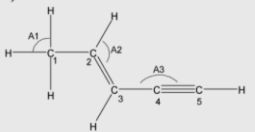 <p>In the Lewis structure shown above determine:</p><ol><li><p>the hybridization of each carbon atom labeled 1, 2, 3, 4 and 5</p></li><li><p>the bond angles of A1, A2 and A3</p></li><li><p>the total number of sigma and pi bonds in the molecule</p></li></ol><p></p>