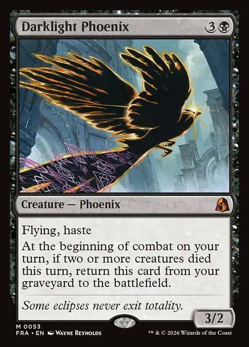 <p>Flying, haste</p><p>At the beginning of combat on your turn, if two or more creatures died this turn, return this card from your graveyard to the battlefield.</p>