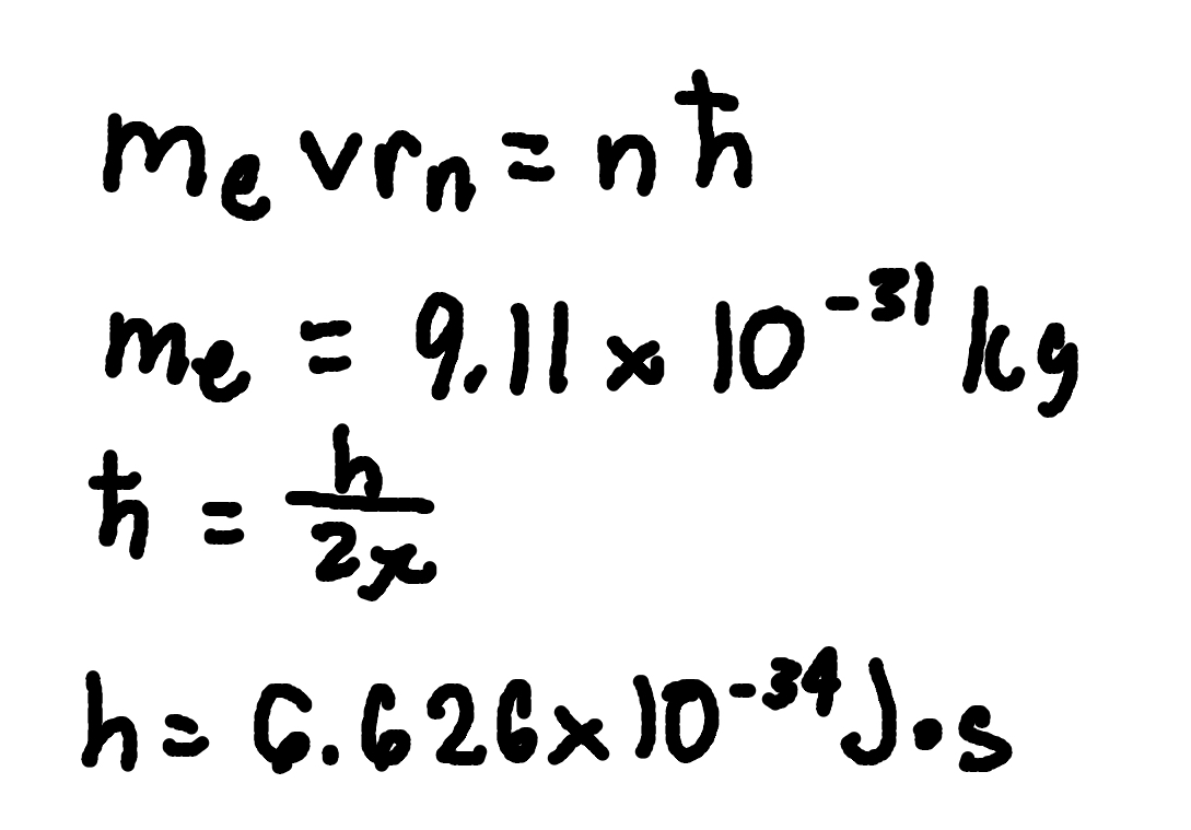 <p>where</p><p>me = electron mass (9.11 × 10^-31 kg) </p><p><span>v = orbital speed, </span></p><p><span>rn = orbit radius,</span></p><p><span>n = principal quantum number.</span></p>