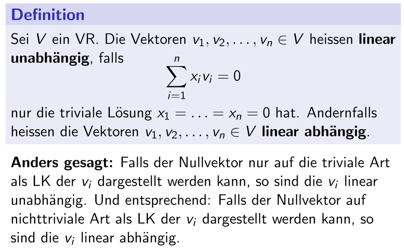 <p>Jeder Vektor darf nur eine spezifische Art haben, dargestellt zu werden. Also darf der Nullvektor nur durch die triviale Lösung entstehen.</p>