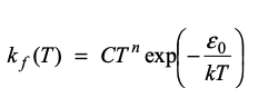 <p><strong>why it is difficult to predict rates</strong></p><p>It is very difficult to predict chemical reaction rates due to the shear number of avenues that a given reaction can take place.</p><p></p><p>A reaction like $$H_2 + I_2 \rightarrow 2HI$$ does occur via hydrogen + iodine collision and is relatively simple</p><p><br>But a reaction like $$H_2 + Br_2 = 2HBr$$ takes place through 5 elementary processes</p><p>$$\begin{aligned} Br_2 + M &amp;\rightarrow 2Br + M \\ Br + H_2 &amp;\rightarrow HBr + H \\ H + Br_2 &amp;\rightarrow HBr + Br \\ HBr + H &amp;\rightarrow Br + H_2 \\ 2Br + M &amp;\rightarrow Br_2 + M \end{aligned}$$</p><p></p><p><strong> modelling rates</strong></p><p>Only considering simple bimolecular reactions, three things generally need to happen fo a reaction.</p><ul><li><p><strong>The Collision:</strong> The molecules must actually hit each other (this is the <span>$$Z_{AB}$$</span> rate we discussed earlier).</p></li><li><p><strong>The Energy Barrier:</strong> They must hit with enough "punch." Specifically, the kinetic energy along their <strong>line of centers</strong> must exceed the <strong>activation energy (</strong><span><strong>$$\epsilon_0$$</strong></span><strong>)</strong>.</p></li><li><p><strong>The Orientation (Steric Factor):</strong> They must hit at the right angle. If they hit "sideways," the bonds might not break even if they have enough energy.</p></li></ul><p></p><p>This results in the equation</p><p>$$\begin{pmatrix} \text{Rate of} \\ \text{reacting} \\ \text{collisions} \end{pmatrix} = \begin{pmatrix} \text{Rate of} \\ \text{collisions} \end{pmatrix} \times \begin{pmatrix} \text{Fraction of} \\ \text{collisions with} \\ \text{sufficient energy} \end{pmatrix} \times \begin{pmatrix} \text{Fraction of sufficiently} \\ \text{energetic collisions that} \\ \text{result in a reaction} \end{pmatrix}$$ </p><p>Combining our factors:</p><ul><li><p>First term is from our Z ab collision rate</p></li><li><p>Second term is from maxwell boltzmann distribution</p></li><li><p>Third term is steric factor (found emperically or via QM)</p></li></ul><p></p><p>$$\text{Rate} = n_A n_B f(T) T^{1/2} \exp\left(-\frac{\epsilon_0}{kT}\right) = k_f(T) n_A n_B$$ </p><p></p><p><strong>Arhenius equation</strong></p><p>many experiments for kf (the forward rate constant) are well fitted by:</p><p>$$k_f(T) = CT^n \exp \left( -\frac{\epsilon_0}{kT} \right)$$ </p><p></p><p>The exponential term is very well predicted by kinetic theory, which was first introduced as a empirical factor by ahrenius</p><ul><li><p>However still need to empirically prescribe factors for steric factor and activation energy.</p></li></ul><p></p>