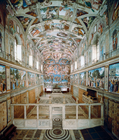 <p>Michelangelo 1508-12 Vatican Rome, fresco. </p><p>-Painted over 5,000 square feet of ceiling</p><p>-Michelangelo worked largely alone on scaffolding</p><p>-Muscular, sculptural bodies that look almost three-dimensional</p><p>-Deep understanding of anatomy</p><p>-Figures in complex poses (twisting, stretching, reclining)</p><p>-This reflects Michelangelo’s background as a sculptor.</p><p>-Fake columns, frames, and architectural elements</p><p>-Idealized art, religion, and philosophy</p>