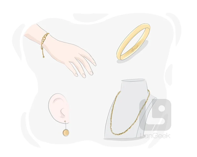 <p>→ decorative<span><strong> </strong></span>objects<span><strong> </strong></span>worn<span><strong> on </strong></span>your<span><strong> </strong></span>clothes<span><strong> or </strong></span>body<span><strong> that are usually made from </strong></span>valuable<span><strong> </strong></span>metals<span><strong>, such as </strong></span>gold<span><strong> and </strong></span>silver<span><strong>, and precious stones</strong></span></p><p></p>