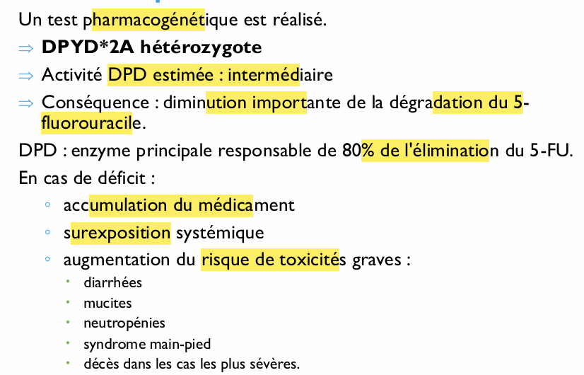 <ul><li><p>Que fallait-il faire ? </p></li></ul><p>Dépister le variant DPD avant l'initiation de la chimiothérapie.</p><p></p><p>réduction initiale de dose adaptation secondaire selon la tolérance</p>