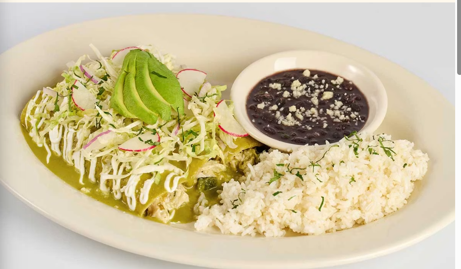 <p>Corn Tortillas Filled with Chicken, Cheese, Chile and Onion, Covered with Salsa Verde and Sour Cream. Served with Rice and Beans</p>