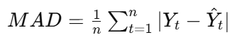 <ul><li><p>mean absolute difference</p></li><li><p>measure of the average size of forecast errors, without squaring them</p></li><li><p>Yt​: actual value</p></li><li><p>Y(hat)t: predicted (forecasted) value</p></li><li><p>n: number of observations</p></li><li><p>∣Yt−Y(hat)tl: absolute error (ignores sign)</p></li></ul><p></p>