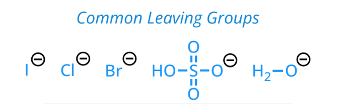 <ul><li><p>atoms that detach from molecule, taking electrongs</p></li><li><p>best LG = weak bases</p></li></ul><p></p>