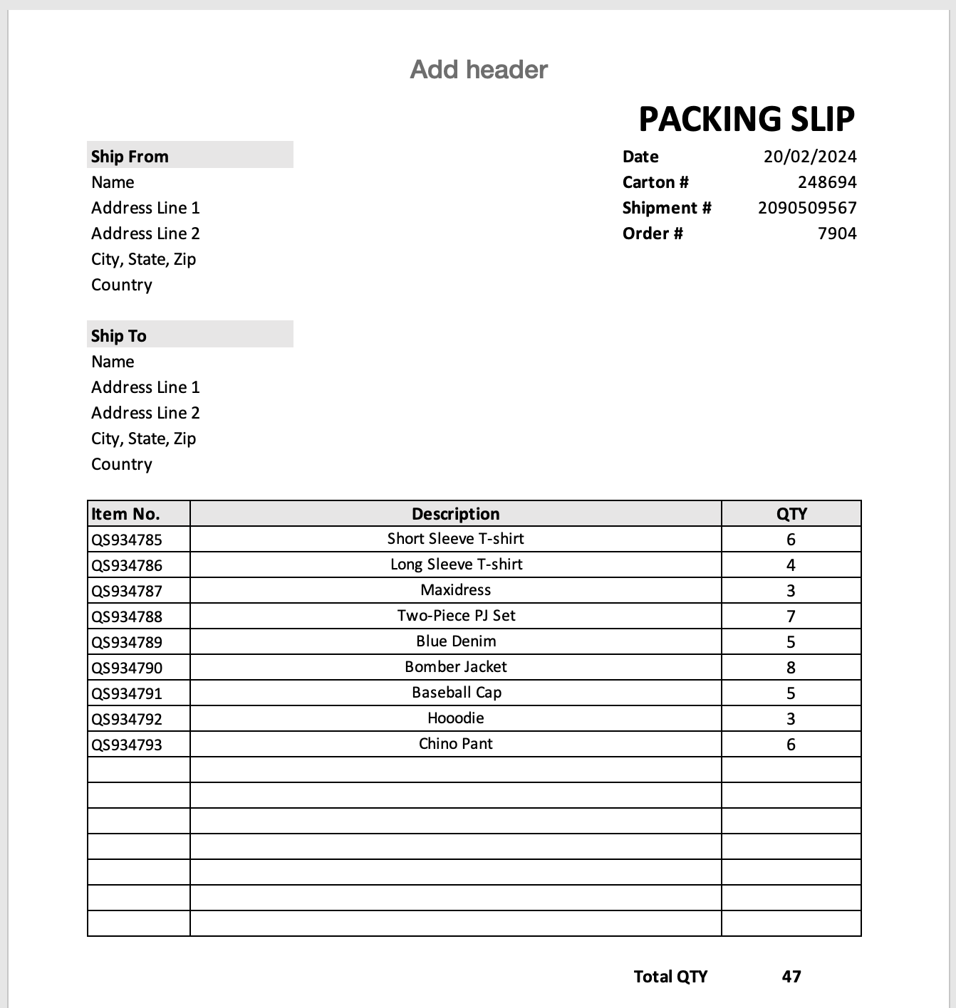 <p>packing slip</p>