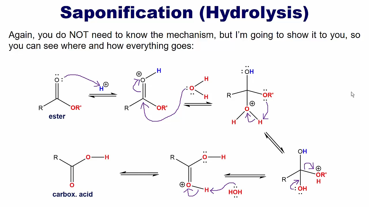 <p>Taking an ester and converting it into a carboxylic acid </p><p>+ H+ and water </p><p></p>