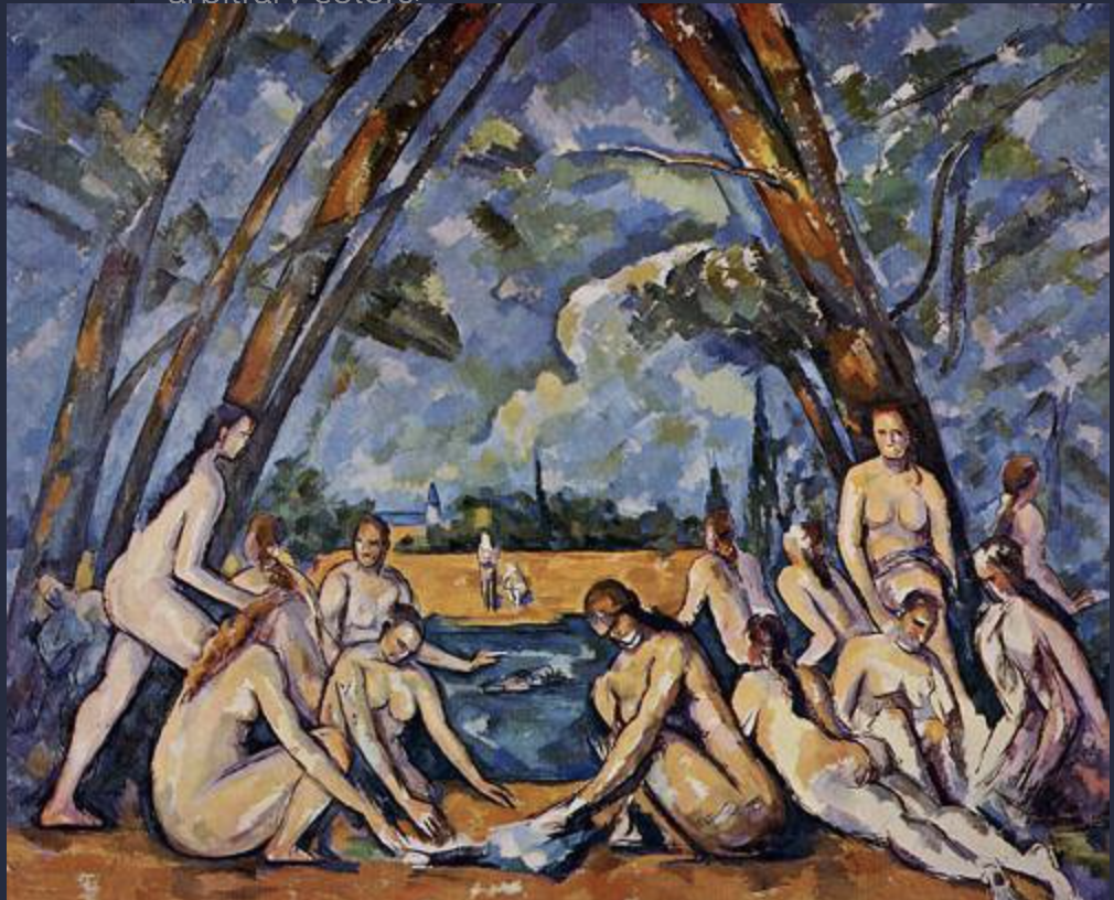 <p><span>Black/white scan or Cezanne<br><br>"equivalence":<br>- landscape =portrait<br>- tree trunk = hair<br>- clouds = eyes<br><br>arbitrary colors:<br>- not descriptive<br>- not imitative<br><br>"The landscape thinks itself through me and I am its consciousness."<br><br>Stephane Mallarme: "Paint not the thing itself, but the effect it produces."<br><br>"equivalence":<br>"finding the face in the landscape<br>and the landscape in the face"</span></p>