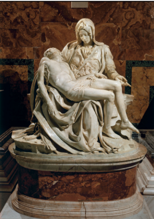 <p>Michelangelo, marble,1498</p><p>-shows an extraordinary combination of technical skill, ideal beauty, and emotional depth.</p><p>-Mary is shown as young, serene, and idealized</p><p>-Christ’s body is perfectly proportioned and calm</p><p>-One of the earliest masterpieces that defined Michelangelo’s career</p>