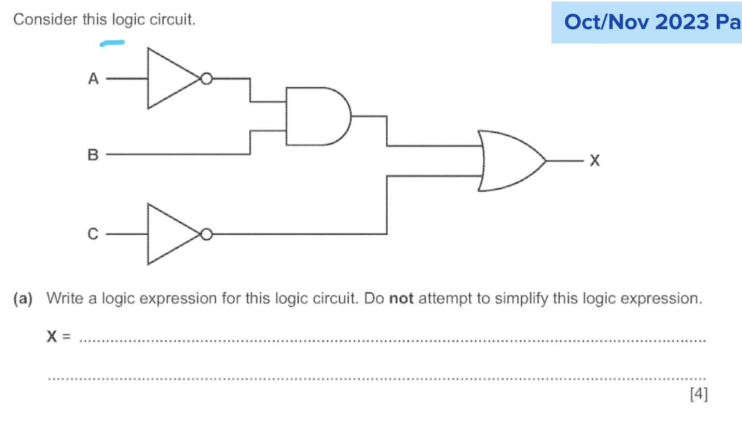 <p>(NOT A AND B) OR NOT C</p>