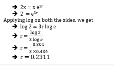 <p>If an adequate quantity of food resources is available to individuals in a population, it grows exponentially. The integral form of the exponential growth equation can be used to estimate the exponential growth, which is as follows:</p><p>Nt = No ert ————– equation (1)</p><p>Where Nt is the population density after ‘t’ time.</p><p>No is the population density at time zero.</p><p>e is the base of natural logarithm = 2.71828</p><p>r is the intrinsic rate of natural increase.</p><p>Let the current population density be ‘x’.</p><p>∴ The population density after two years will be 2x, and the t given is 3 years.</p><p>Substituting these values in equation (1)</p><p>Therefore, the intrinsic rate of natural increase of the population is 0.2311.</p>