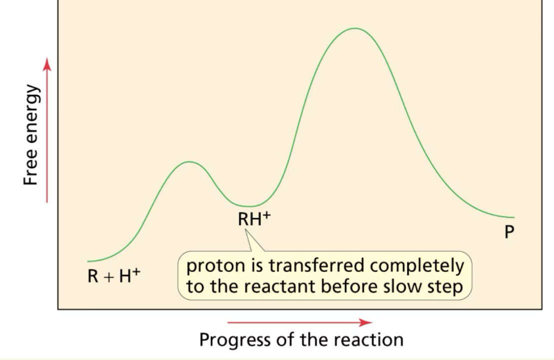 <p>free energy diagram for specific or general acid catalysts?</p>